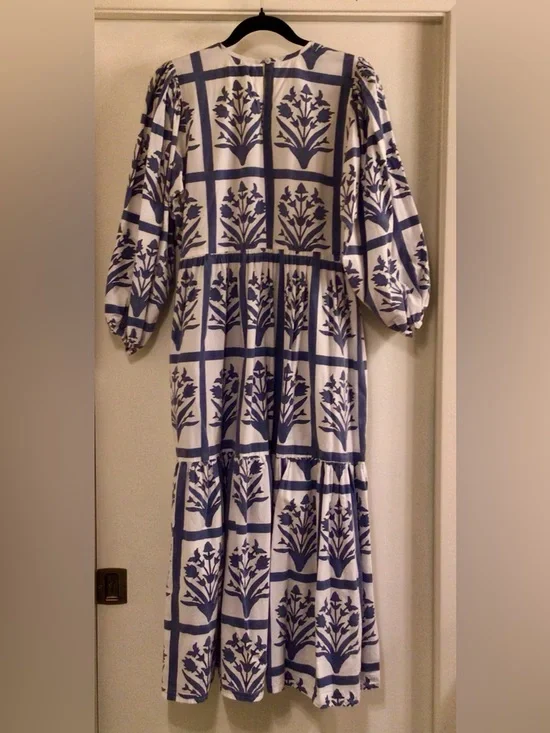 SZ Block Prints /Orti Blue and White Cotton Floral Midi Dress - Sz L - Picture 5 of 12